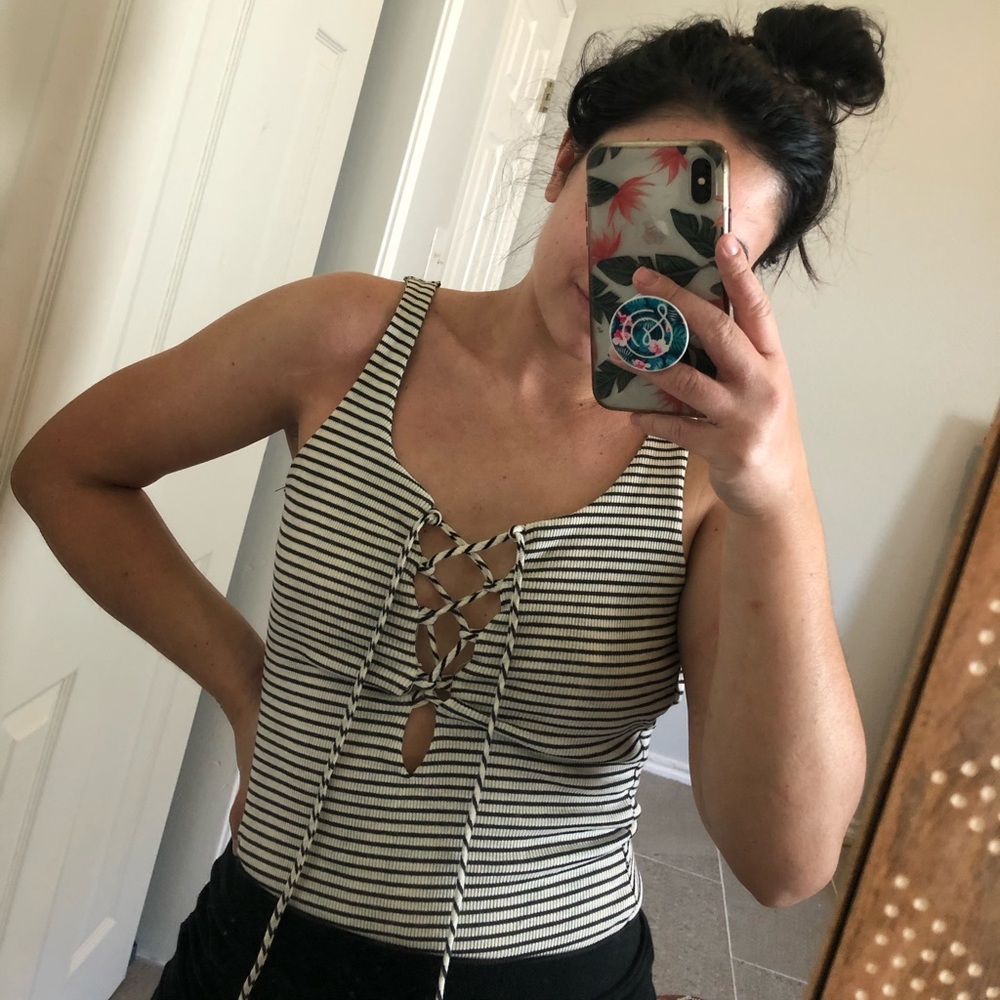 Striped leotard with tie up in front